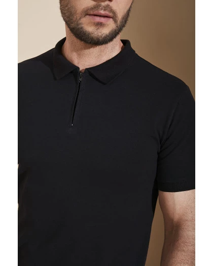 Polo Masculina Zíper Algodão Pima Preta