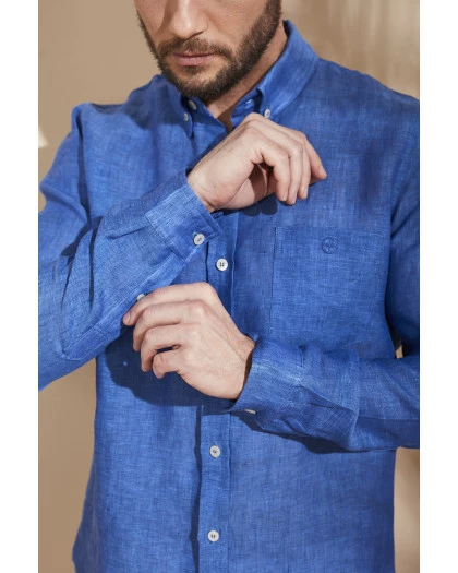 Camisa Masculina Manga Longa Linho Azul