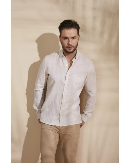 Camisa Masculina Manga Longa Linho Bege