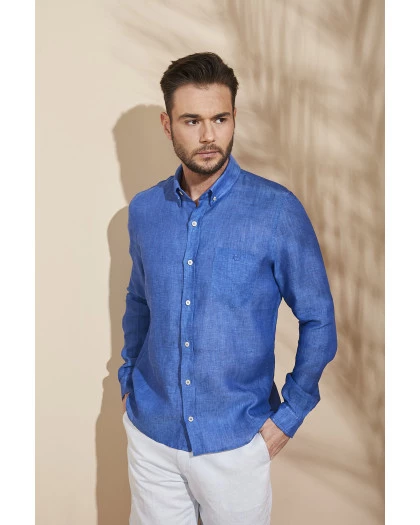Camisa Masculina Manga Longa Linho Azul