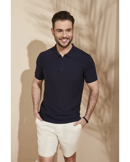 Polo Masculina Zíper Algodão Pima Marinho