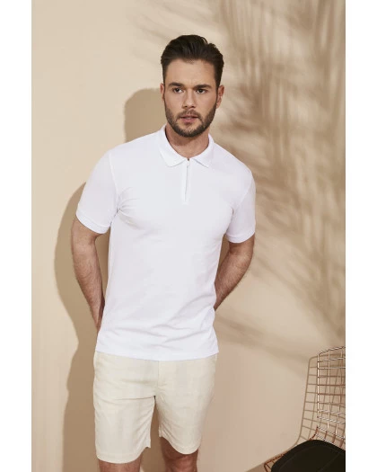 Polo Masculina Zíper Algodão Pima Branca
